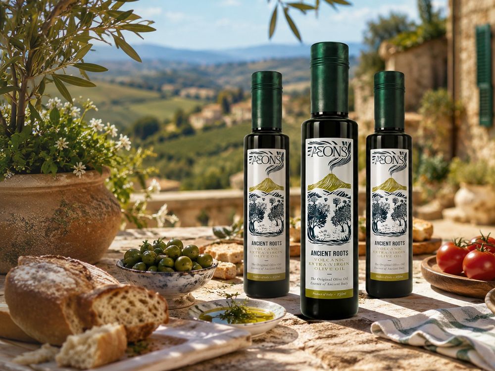 Aeons Ancient Roots olive oil on a Tuscan table
