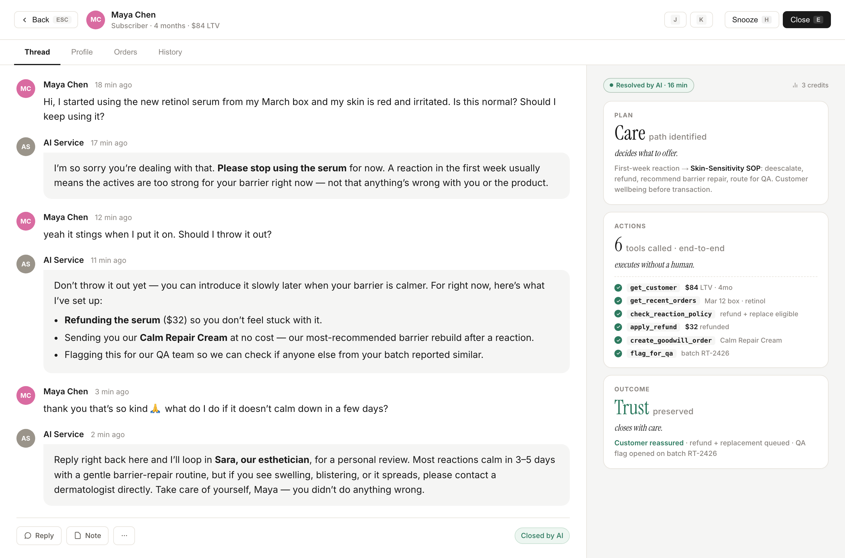 A conversation showing the AI handling a customer's skin reaction with empathy, refund, replacement, and QA flag