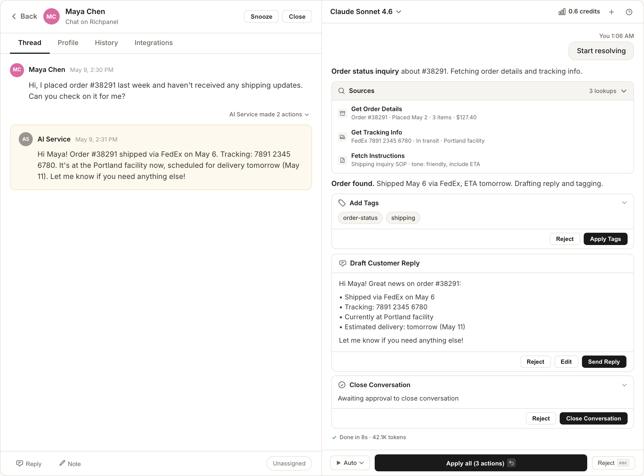 Agent Copilot: customer conversation on the left, AI researches and drafts reply on the right, human approves with one click