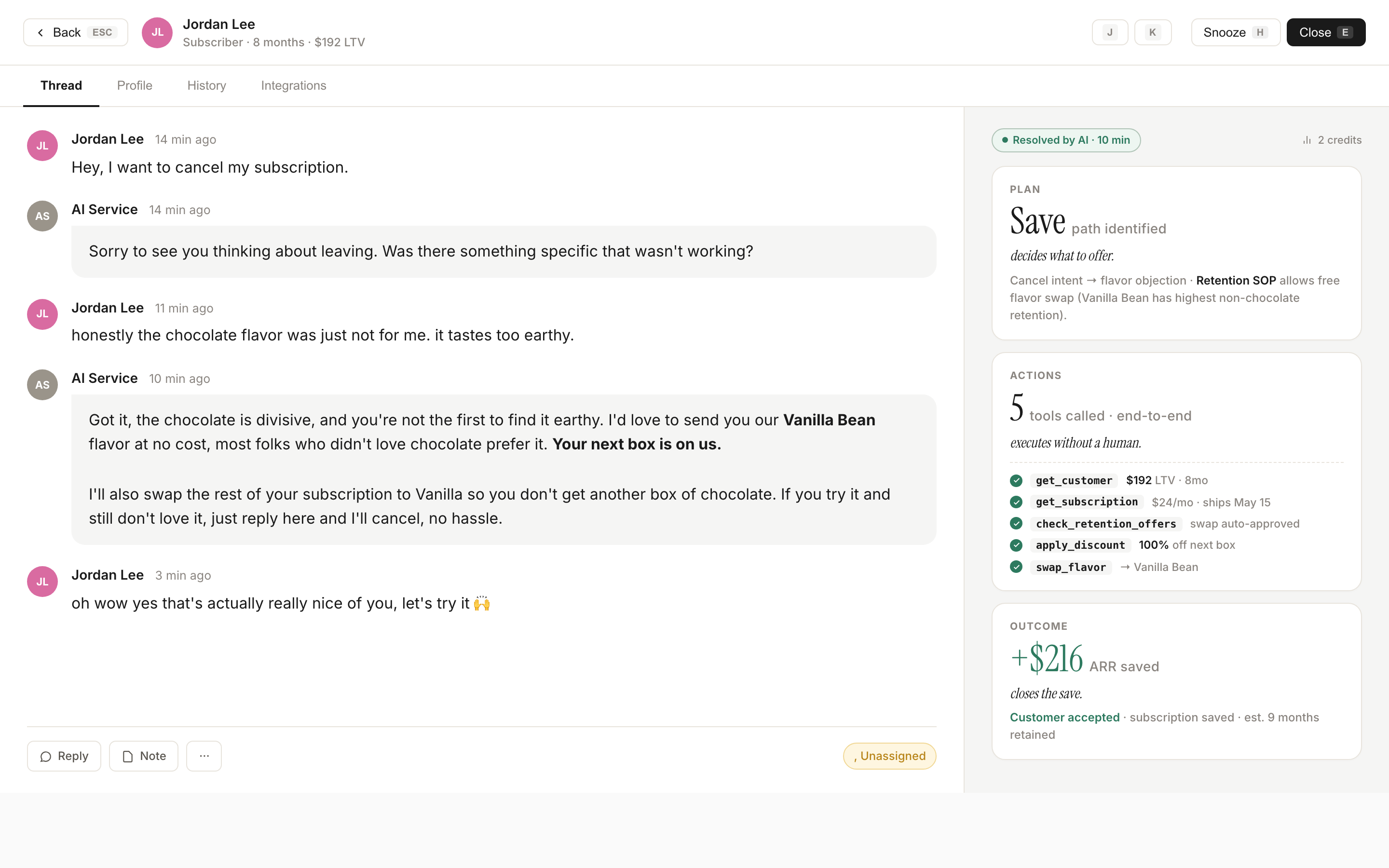 A retention-save conversation: customer wants to cancel, AI offers a free Vanilla swap, customer accepts. Right pane shows the plan, 5 tool calls, and the sent reply with +$216 ARR saved.