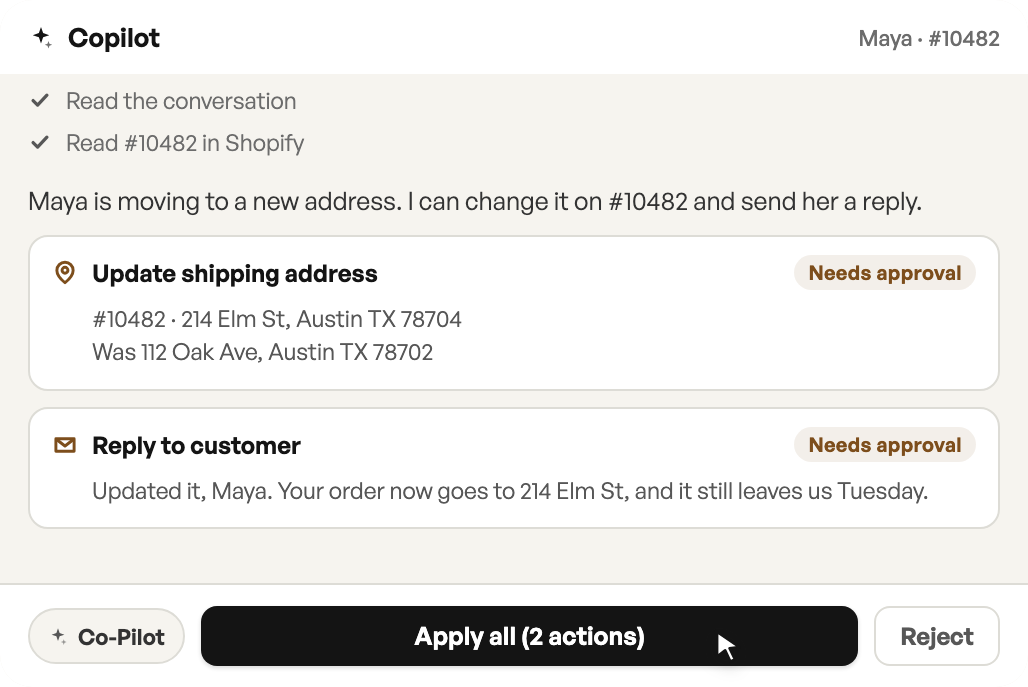 Richpanel Copilot proposing an address change and a customer reply, both marked Needs approval, with one Apply all button for the agent