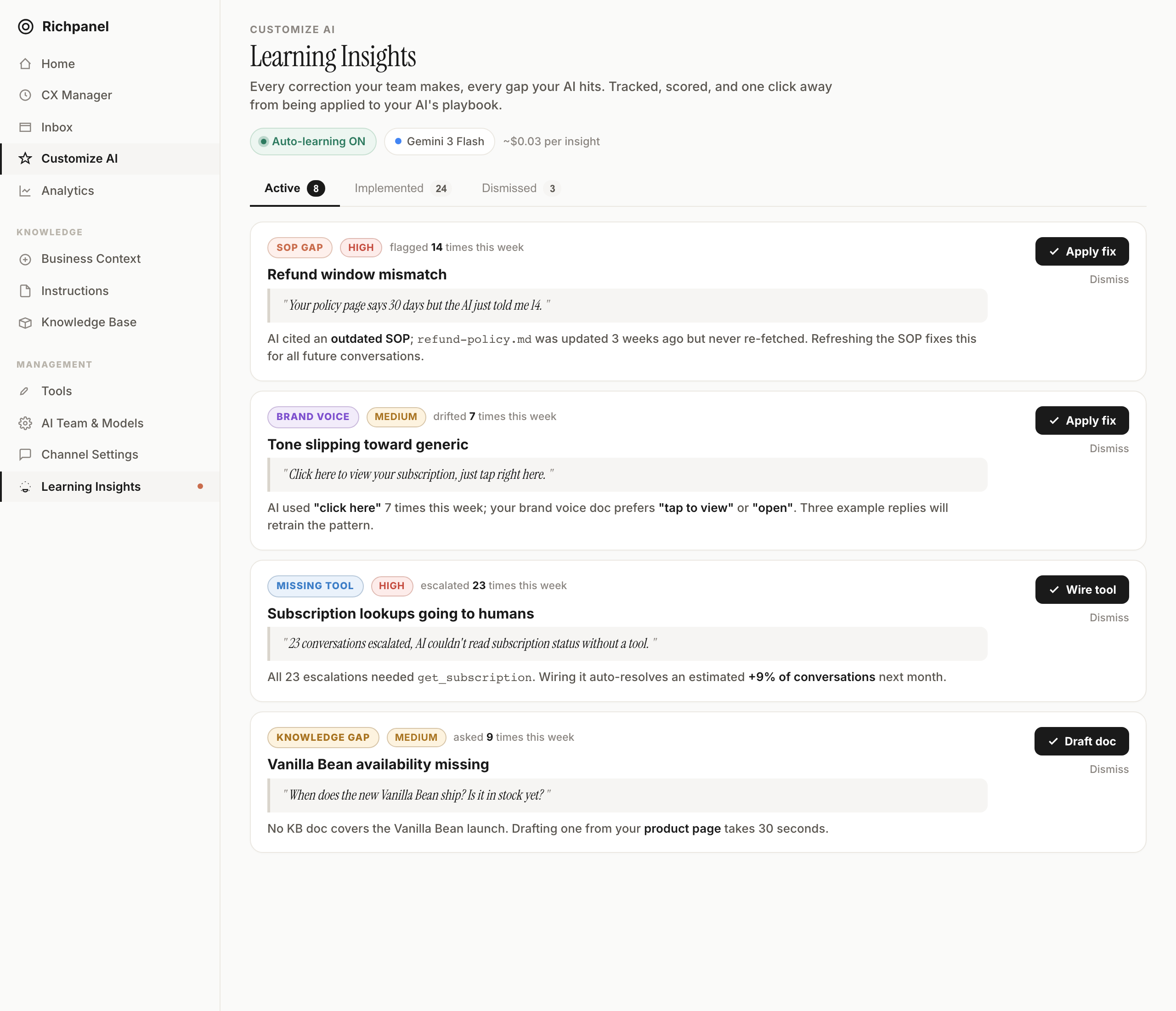 Learning Insights page, flagged corrections and SOP gaps surfaced from the last 7 to 30 days
