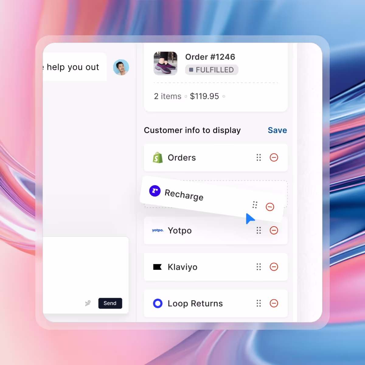 Richpanel conversation view with the customer sidebar open, showing order history, subscription status, and lifetime value
