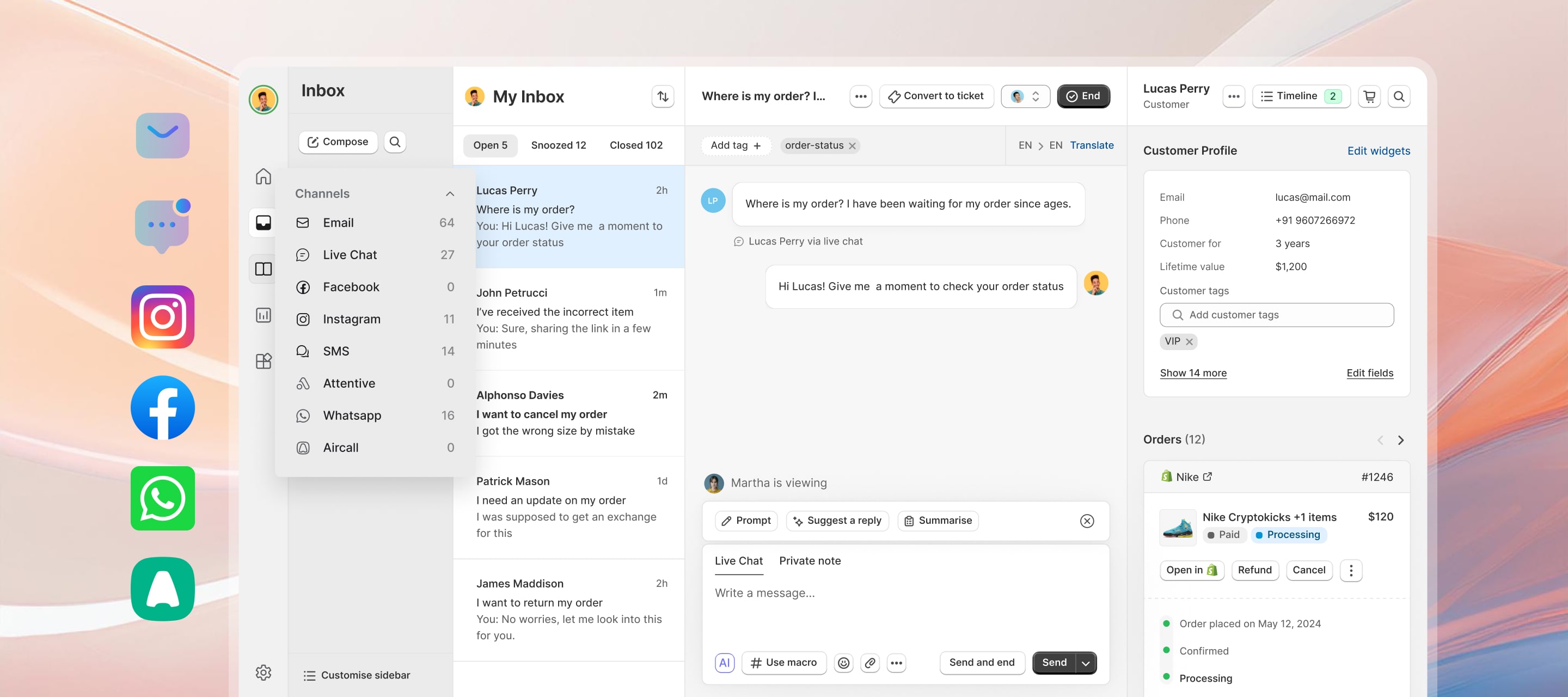 The Richpanel inbox with email, live chat, Facebook, Instagram, SMS, WhatsApp and Aircall in one channel list, an open conversation in the middle, and the customer profile, tags and order history in the sidebar