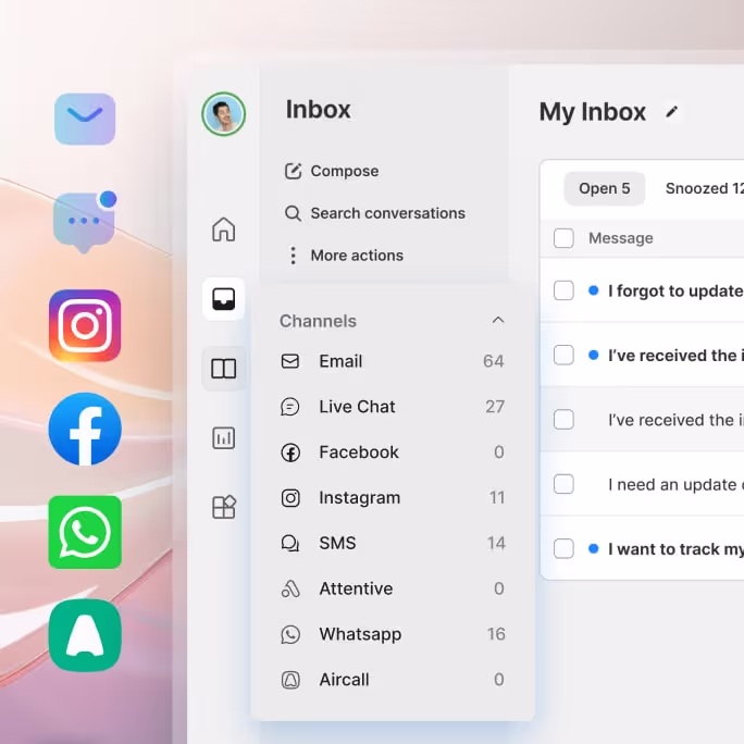 The Richpanel live chat inbox with every channel in one sidebar and open conversations from website visitors