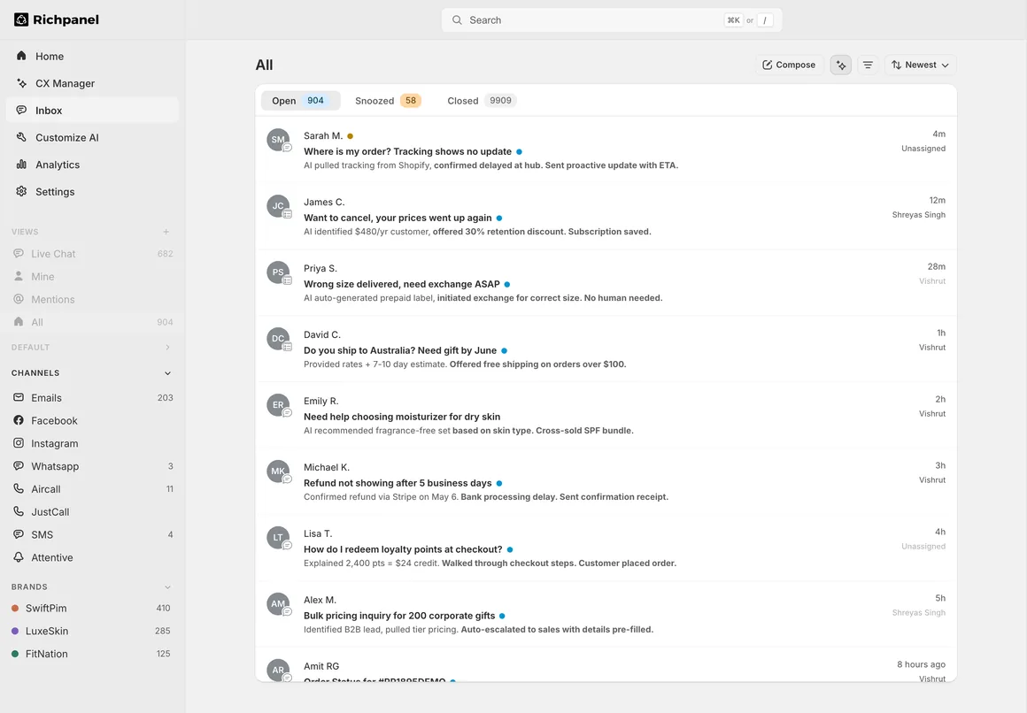 The Richpanel inbox showing every channel and every brand in one queue