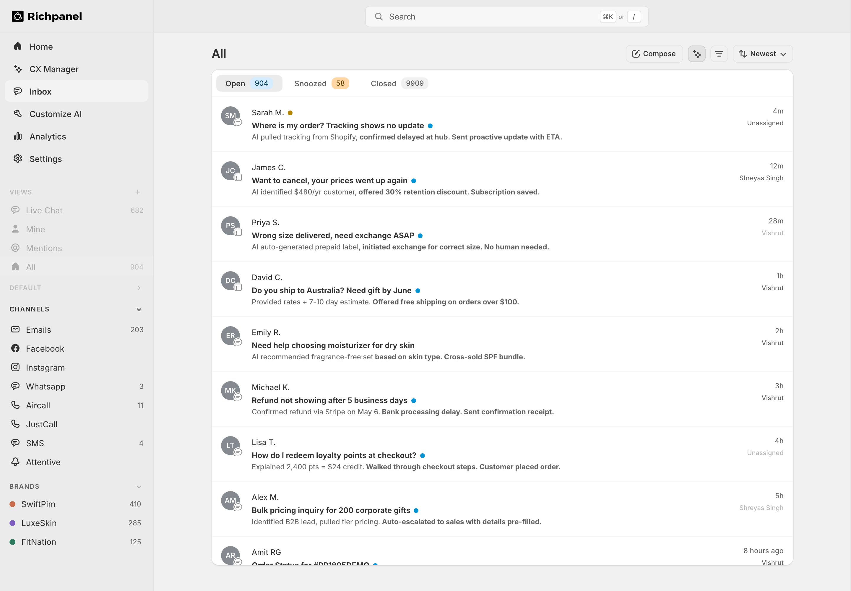 Richpanel omnichannel inbox showing Channels (Email, Facebook, Instagram, WhatsApp, Aircall, SMS) and Brands (SwiftPim, LuxeSkin, FitNation) in the sidebar with live conversations