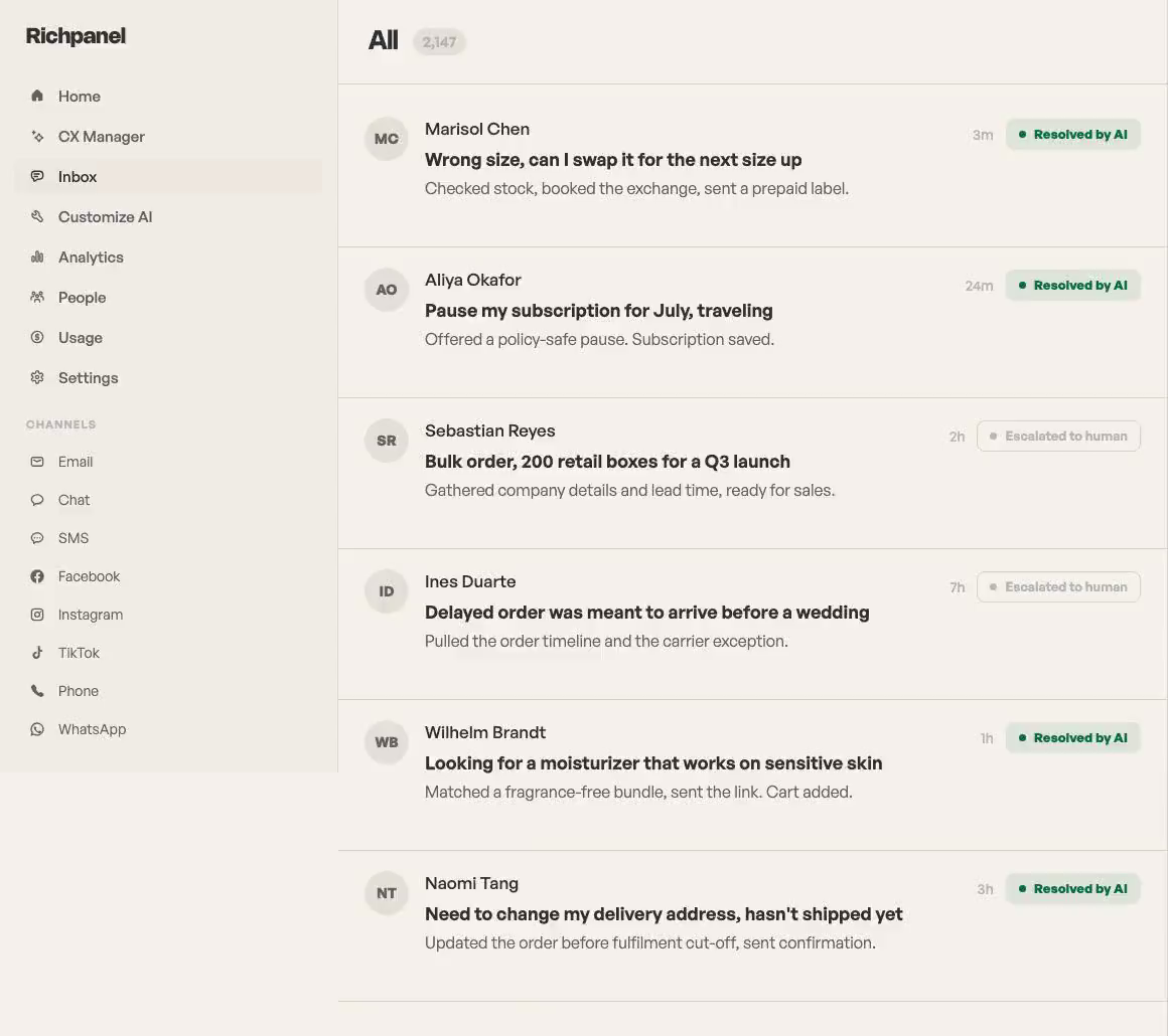 The Richpanel inbox with every channel down the left: email, chat, SMS, Facebook, Instagram, TikTok, phone and WhatsApp, all in one queue