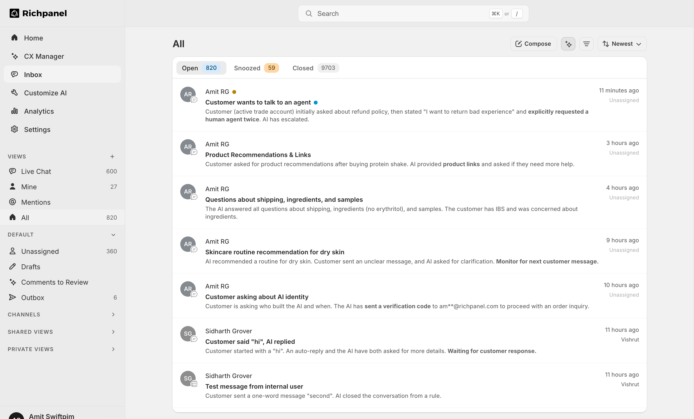 Richpanel omnichannel inbox showing conversations from email, chat, social, and SMS in one unified queue