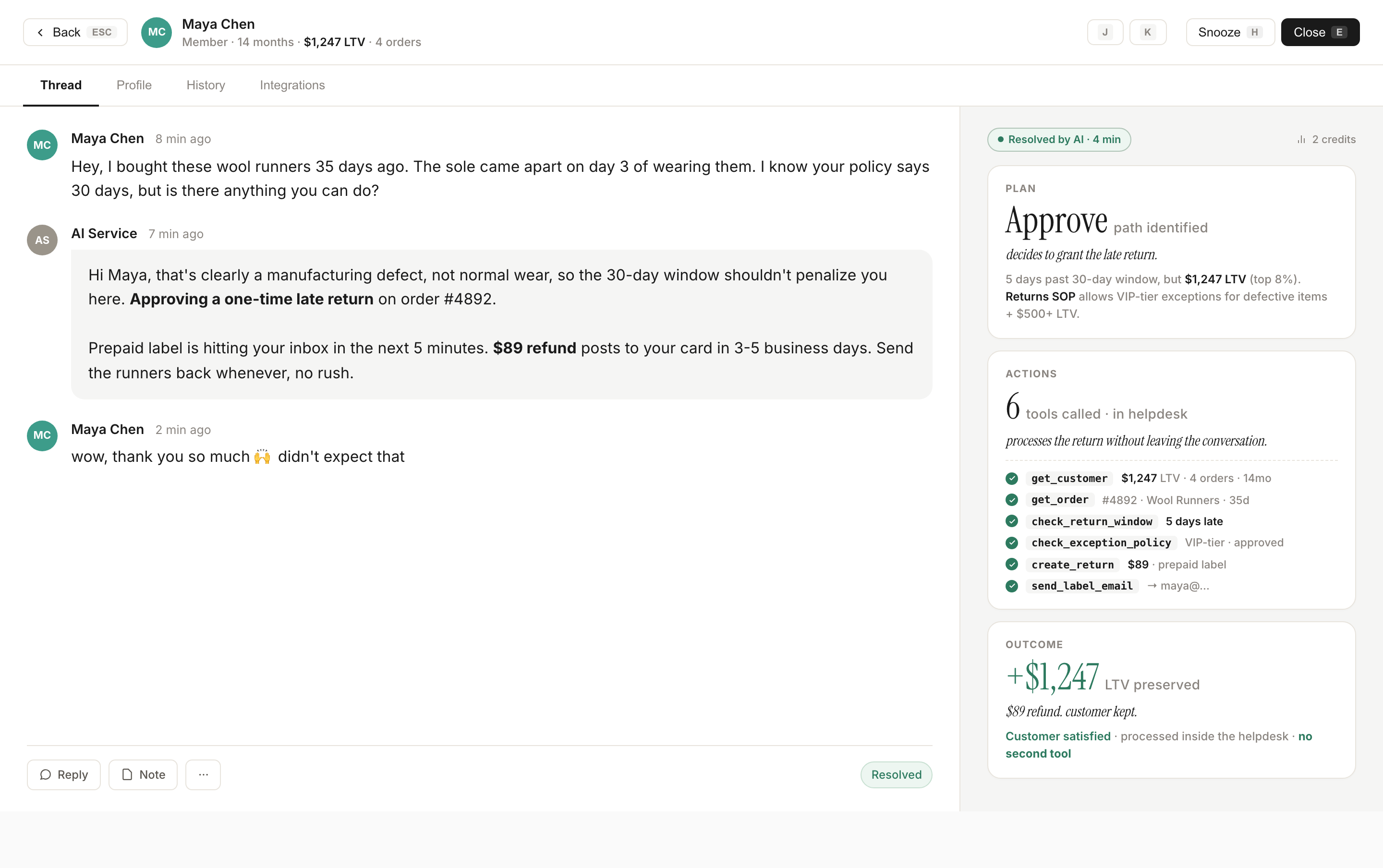 A late-return exception inside the AI Helpdesk inbox: customer Maya Chen asks to return defective wool runners 5 days past the 30-day window. The AI checks her $1,247 LTV, applies a VIP-tier exception SOP, creates the return, and emails the prepaid label — six tools called inside the same conversation, no second app.