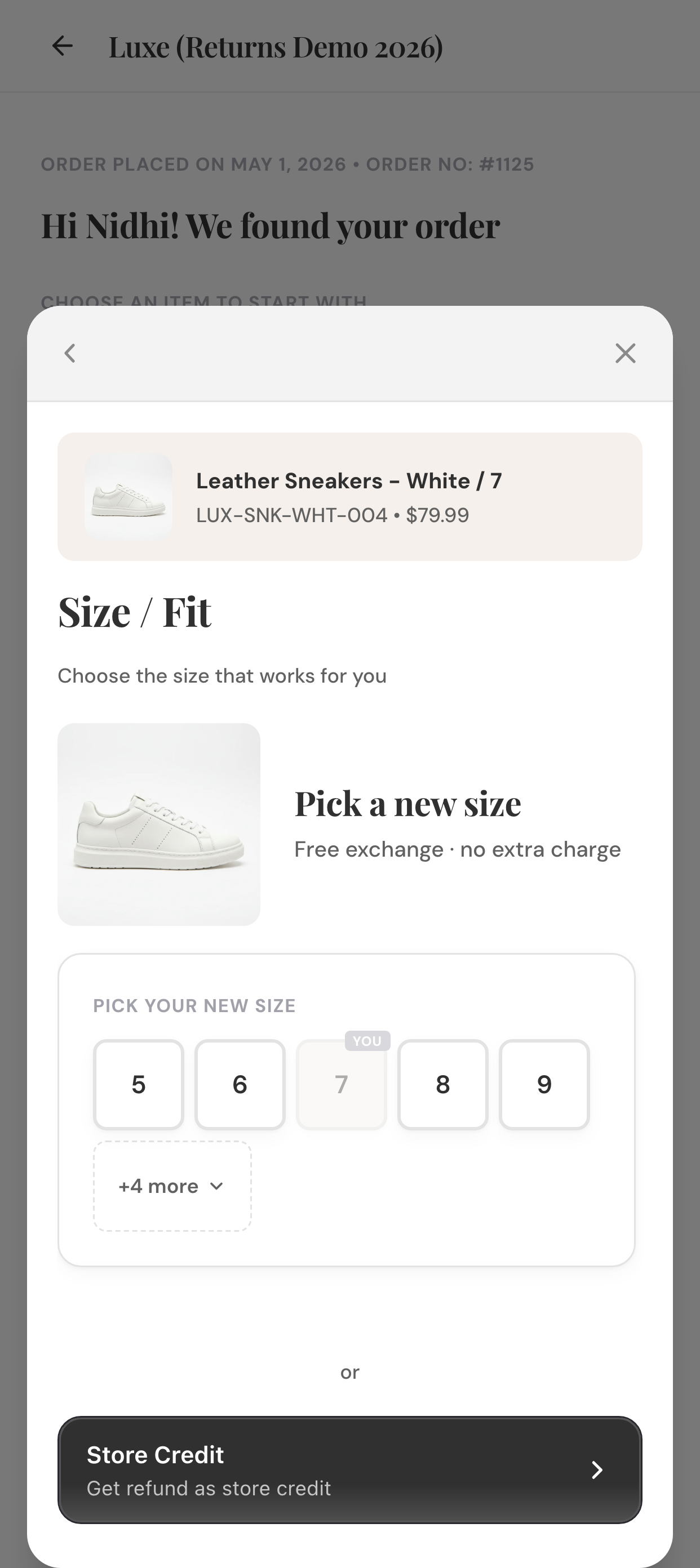 Richpanel exchange-first portal showing a replacement size picker and store-credit alternative.
