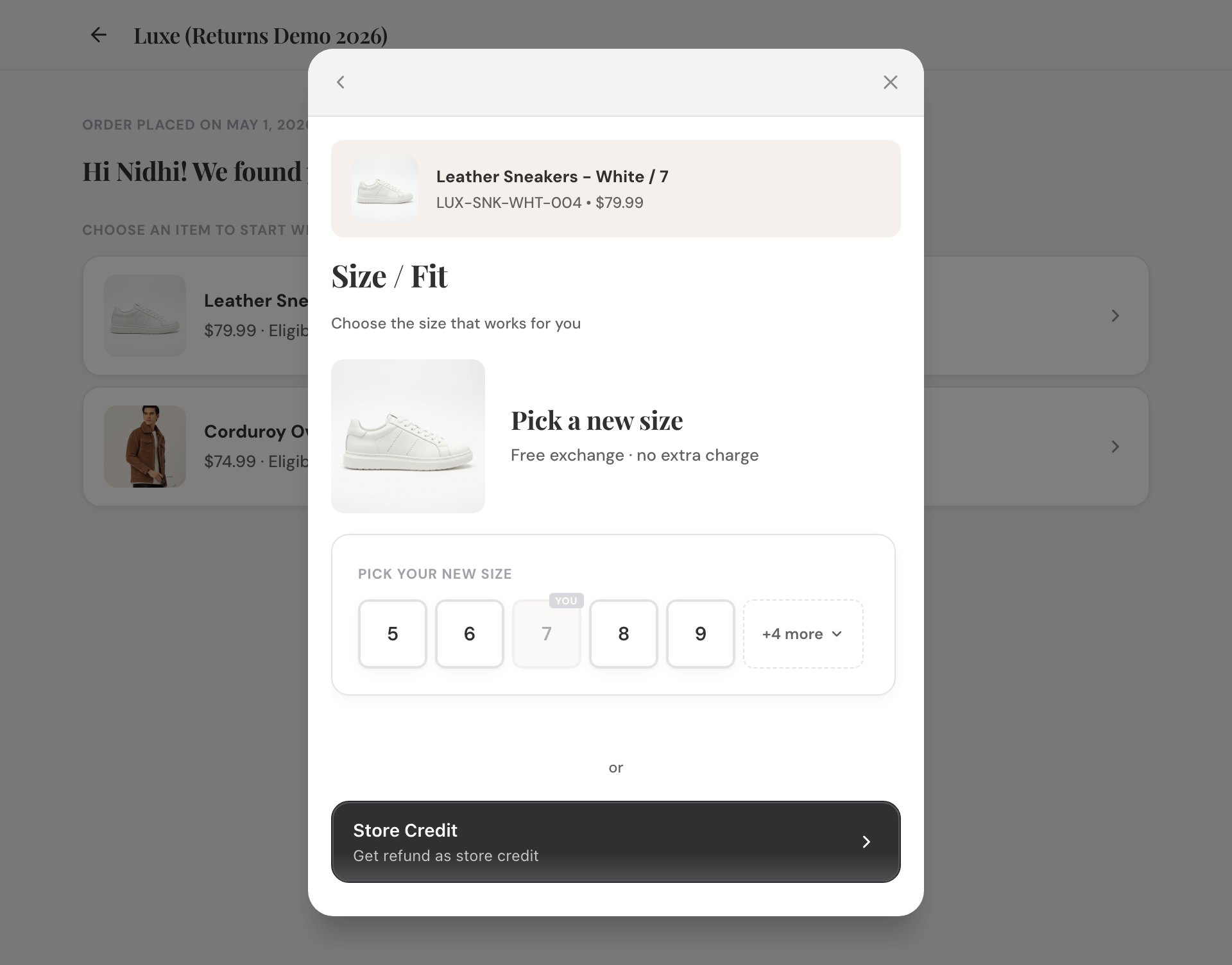 Exchange-first picker: smart size selector with the customer's current size flagged. The free-exchange tile leads; a store-credit alternative sits below as a demoted opt-in.
