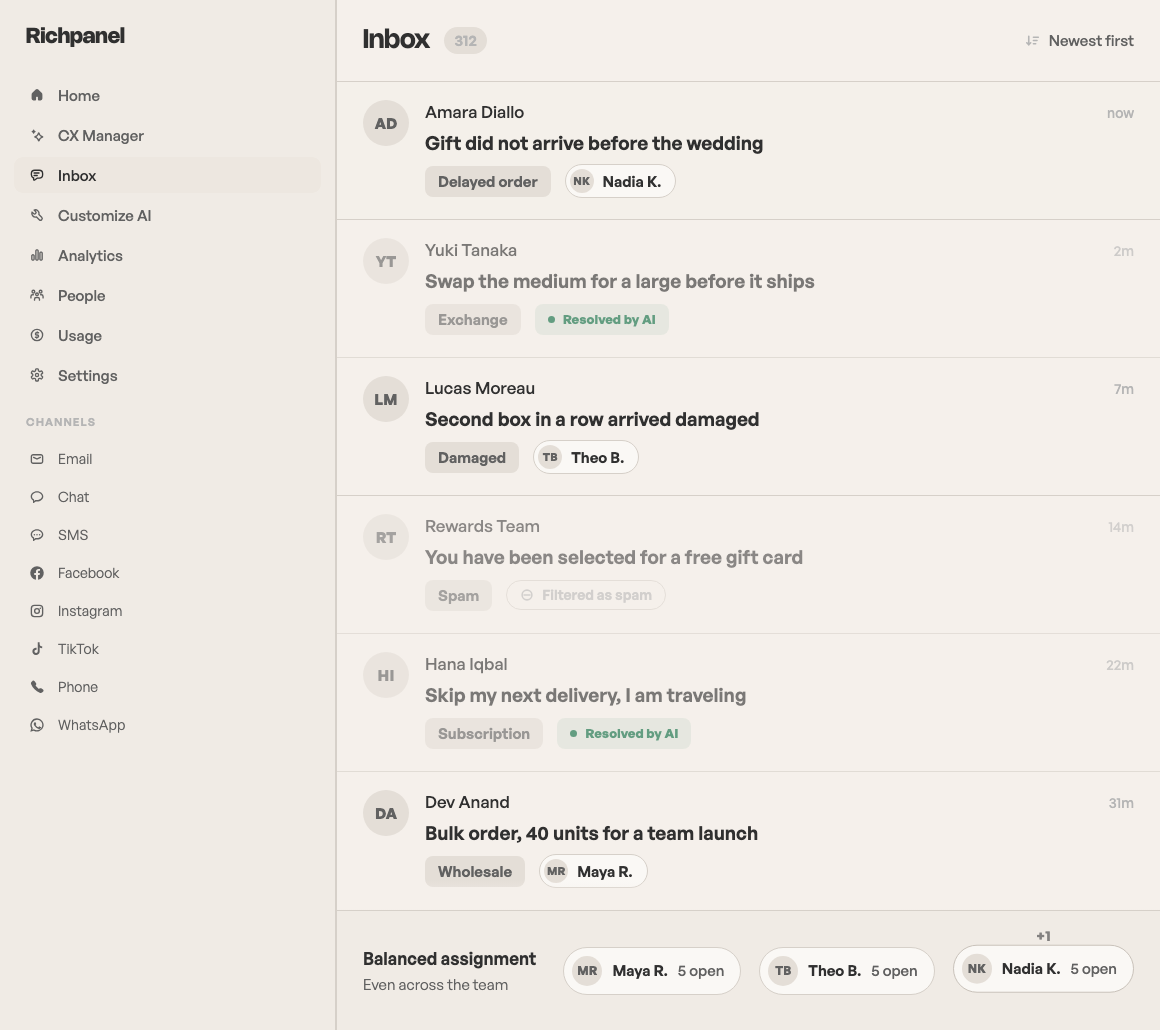 A Richpanel inbox queue where each ticket carries its own tag and is either assigned to a named agent, marked resolved by AI, or filtered as spam