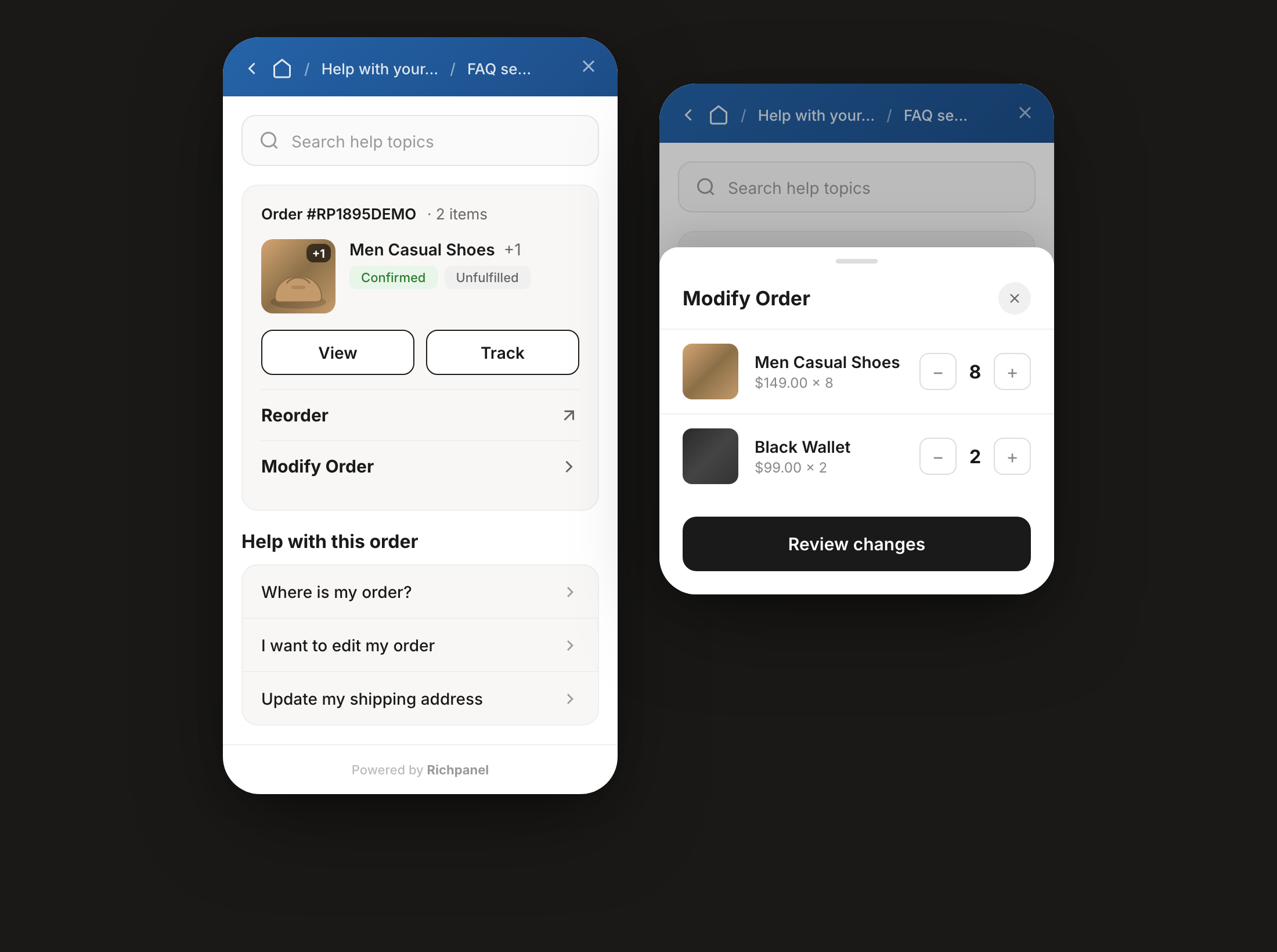 Richpanel self-service portal: order detail with tracking, reorder, modify order actions, and contextual help topics