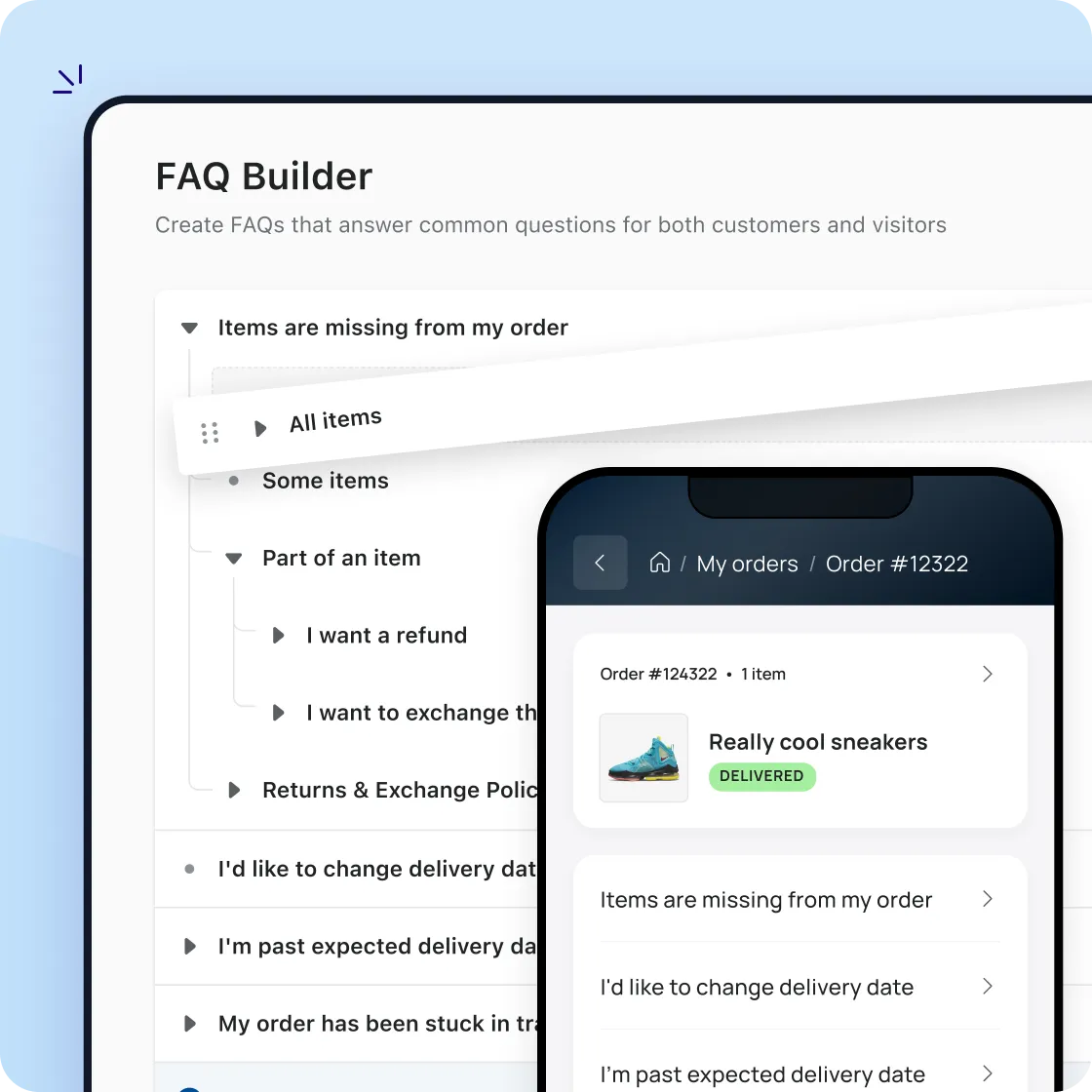 Richpanel branded help center and self-service widget styled in the brand, with answers customers can actually find