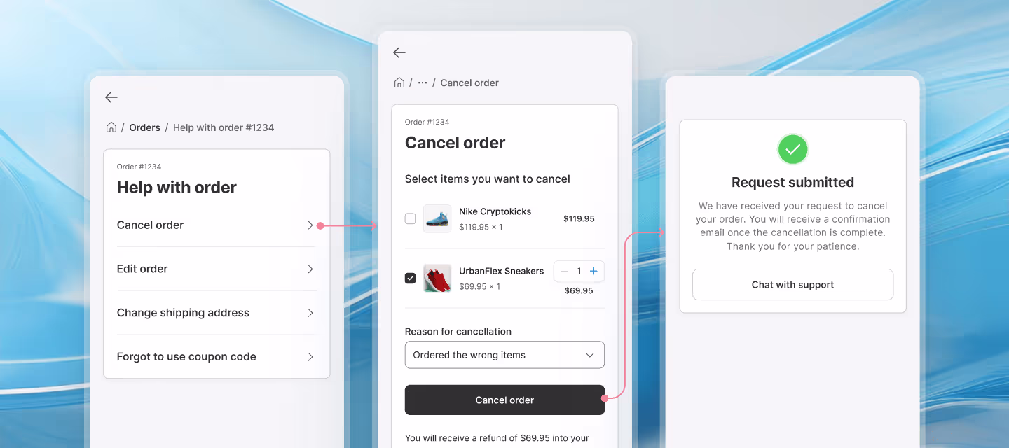 Richpanel self-service portal: order tracking, returns, exchanges, reorders, address changes, and subscription edits, all customer-driven