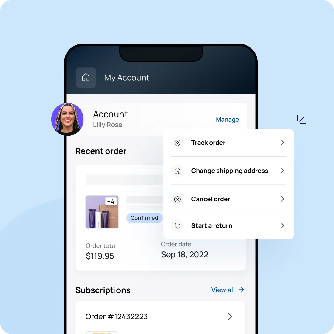 Richpanel self-service portal completing an action end to end: issuing store credit, booking an exchange, and updating an order, not just linking to an FAQ