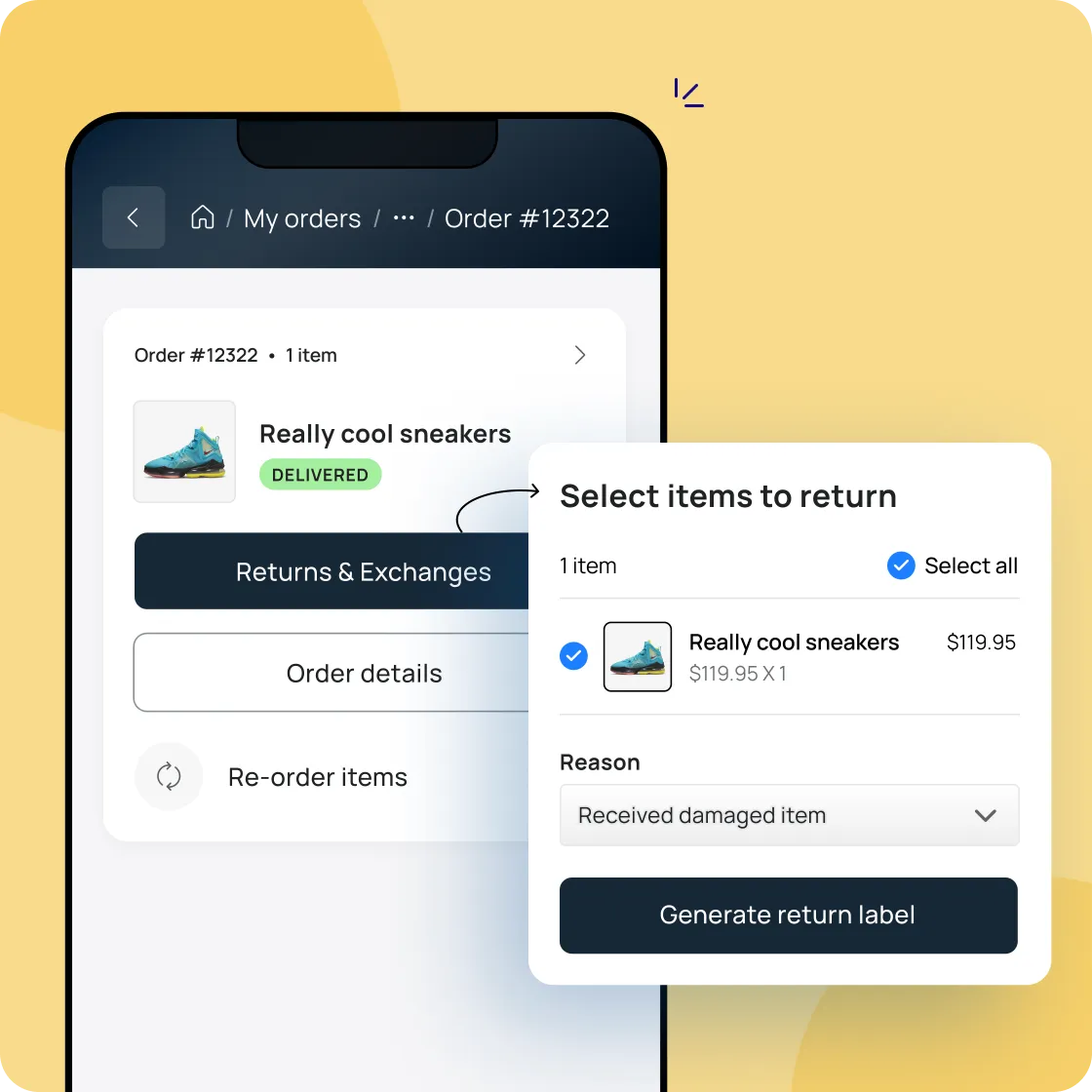 Richpanel returns and exchange flow: a customer starts a return or size swap, picks store credit, and gets a shipping label