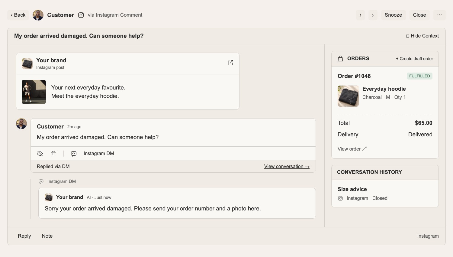 Richpanel Instagram conversation view with the original post, a customer’s damaged-order comment, the AI’s private reply, and order history beside the thread.