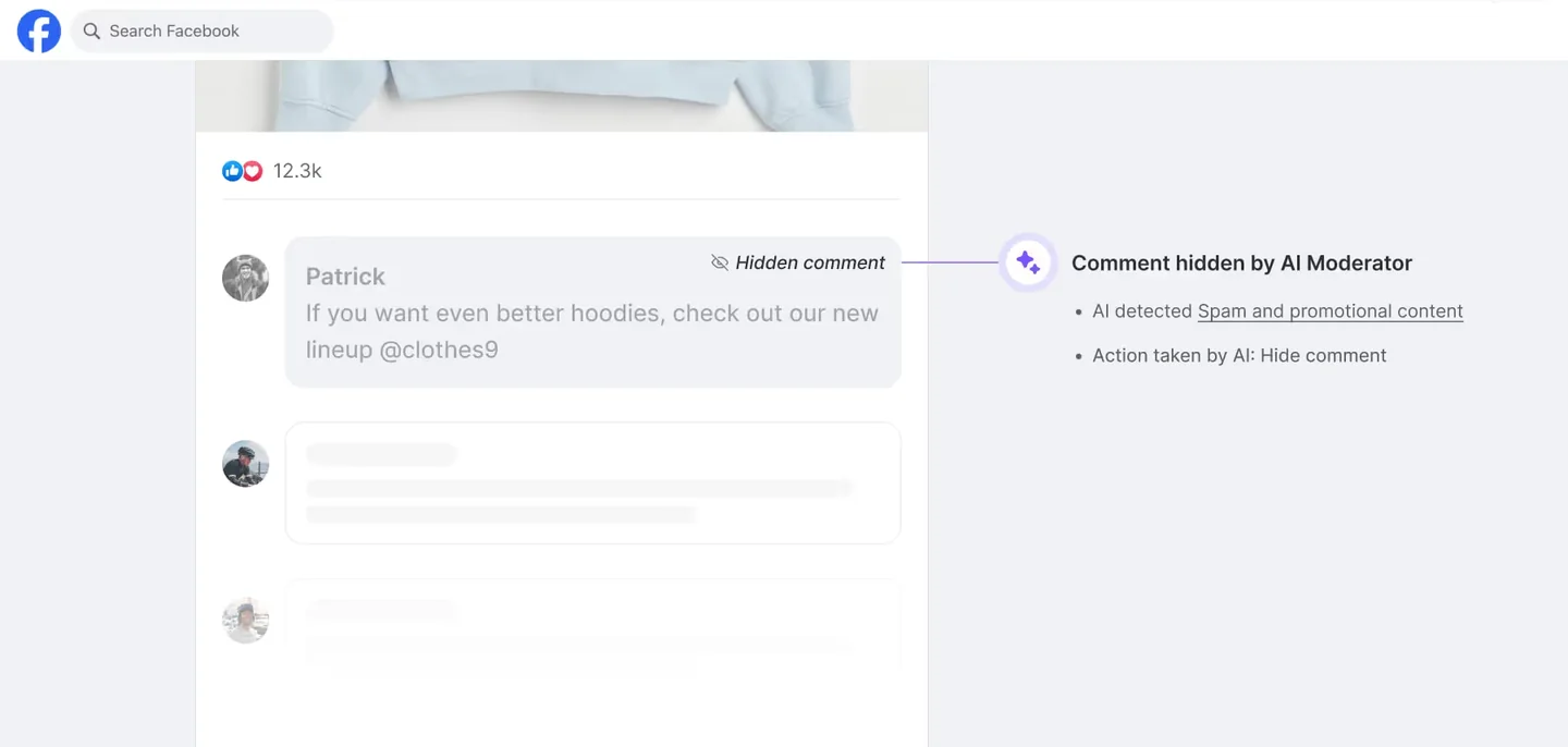 Richpanel Social Media AI hiding a promotional comment on a Facebook ad, with a note showing it detected spam and chose to hide the comment