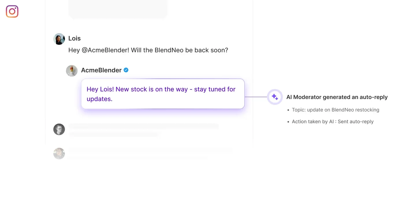 Richpanel Social Media AI replying to an Instagram comment about restocking, with a note showing the topic it identified and the auto-reply it sent