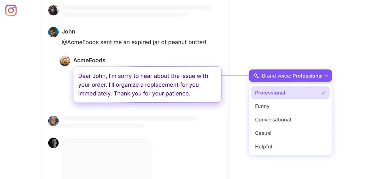 Richpanel brand voice selector showing Professional, Funny, Conversational, Casual, and Helpful applied to a public reply on Instagram
