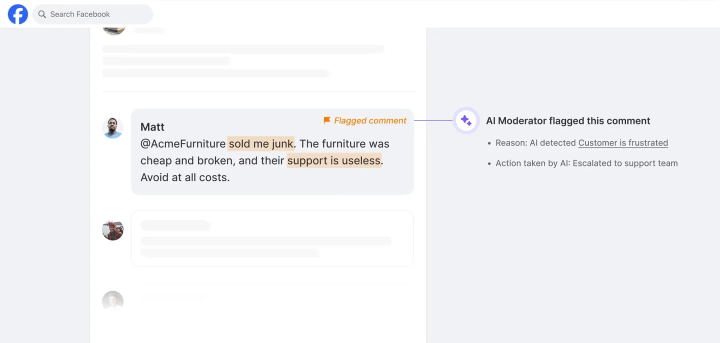 Richpanel Social Media AI flagging an angry Facebook comment, showing the reason it detected and that it escalated the comment to the support team