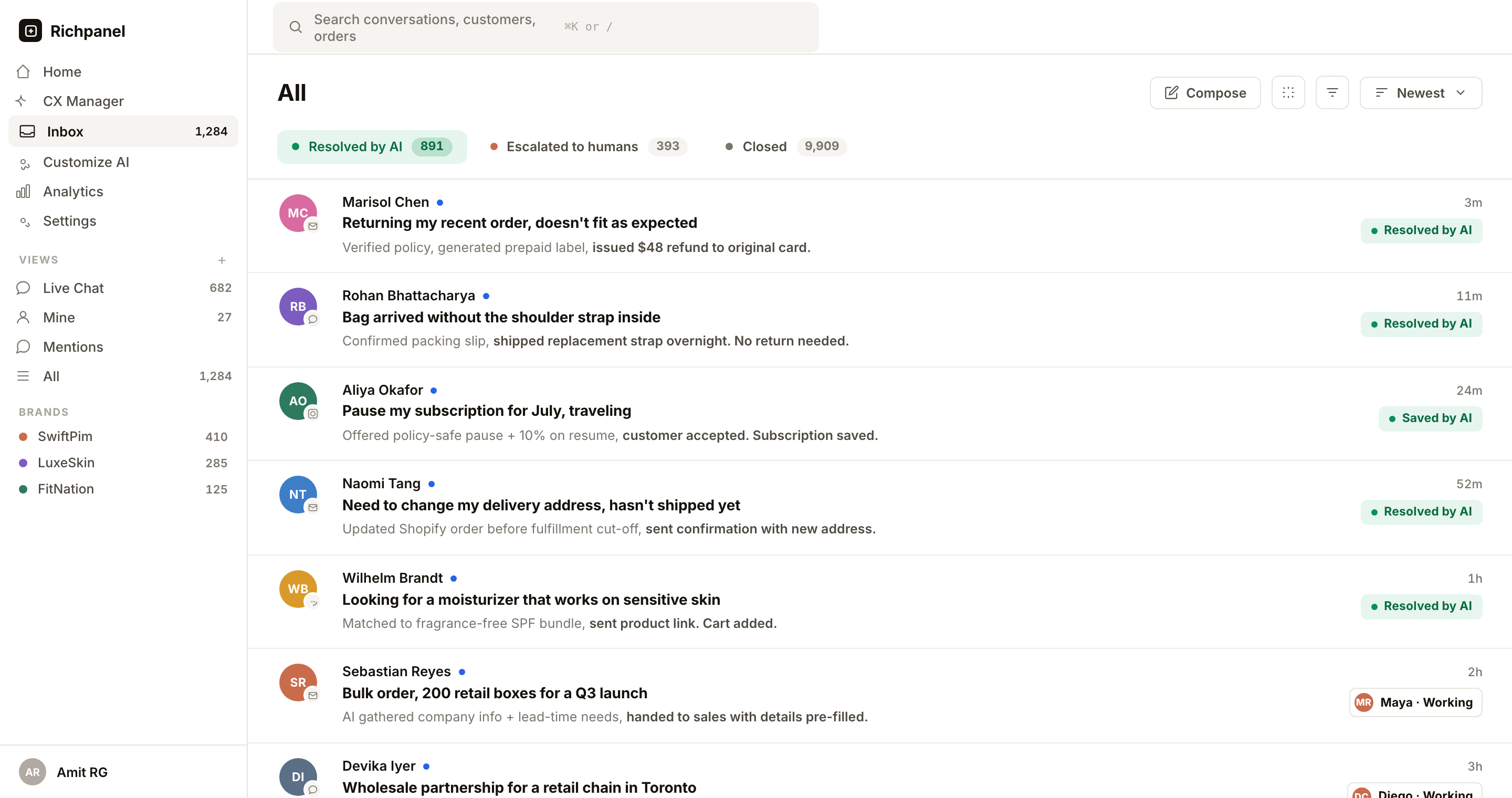 Richpanel inbox where a self-service session hands off to a human or AI agent with the full conversation and order context attached