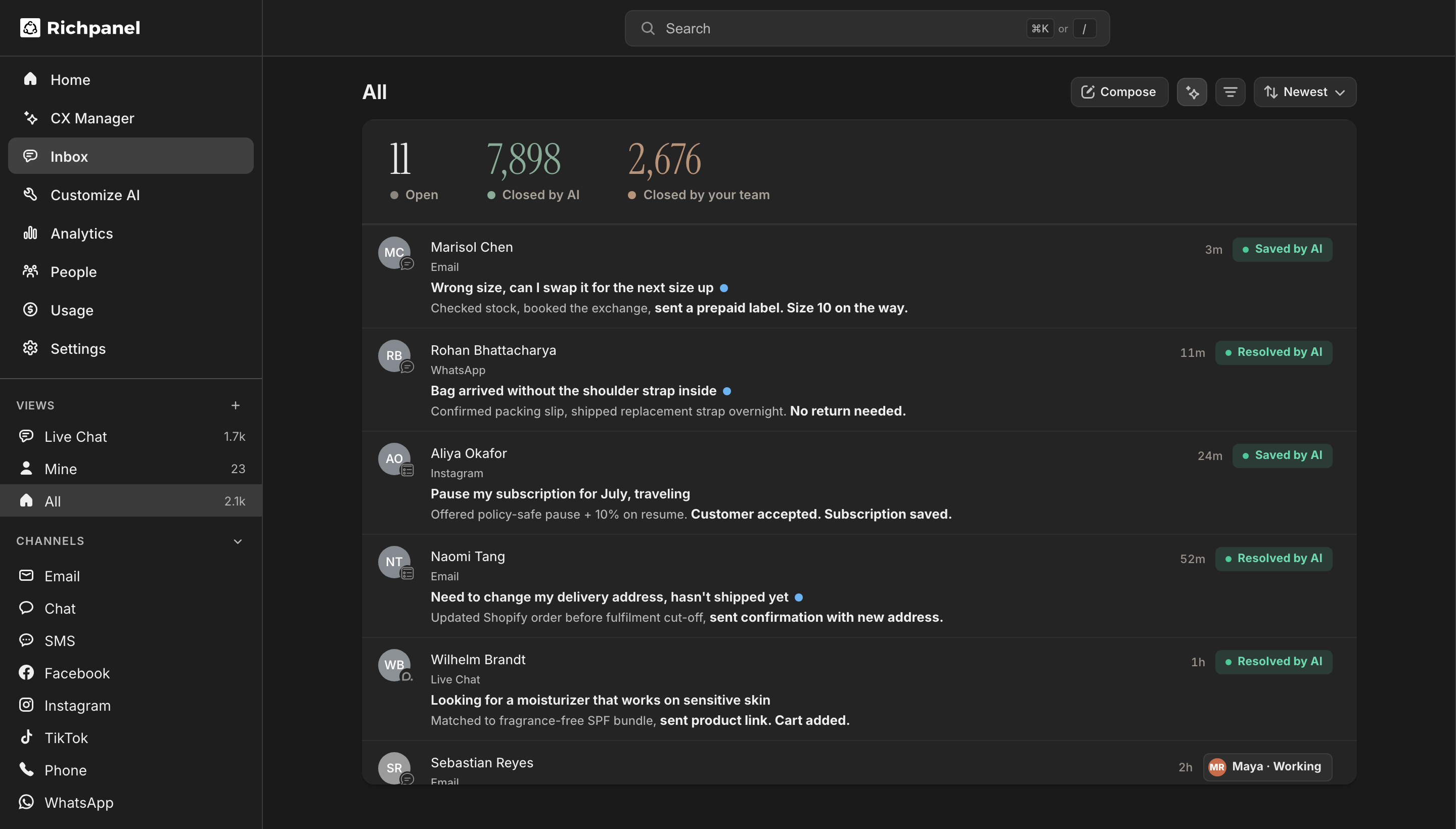The Richpanel inbox: conversations resolved by the AI agent, with the action it took on each one
