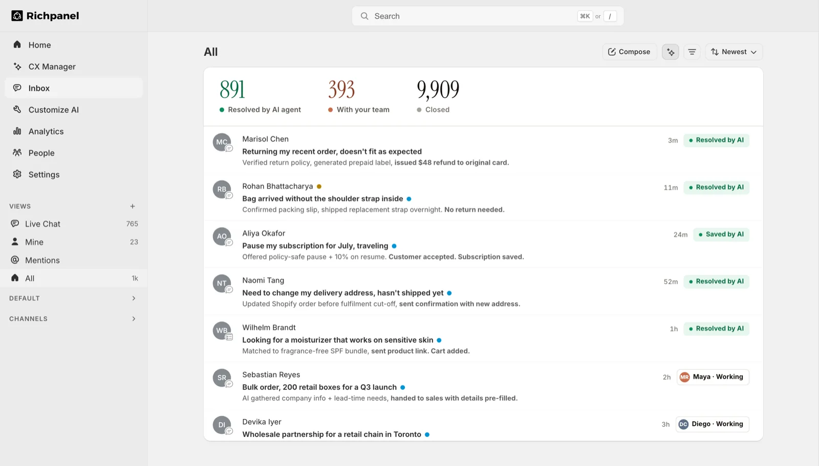 Richpanel shared inbox: an Instrument Serif headline reads 891 resolved by AI agent, 393 with your team, 9,909 closed. Below it, seven live conversations, five tagged with a green Resolved by AI or Saved by AI badge and two handed to humans Maya and Diego.