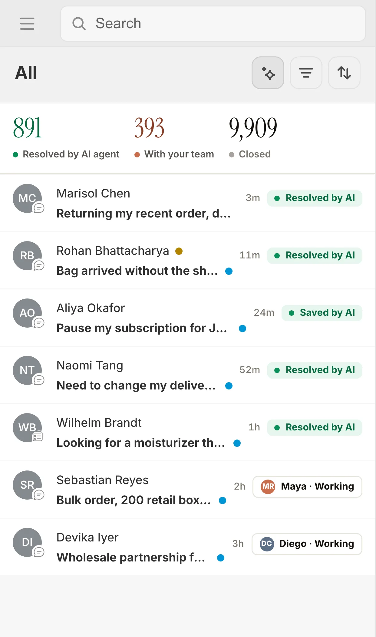 Richpanel shared inbox showing conversations resolved by AI agents alongside your team