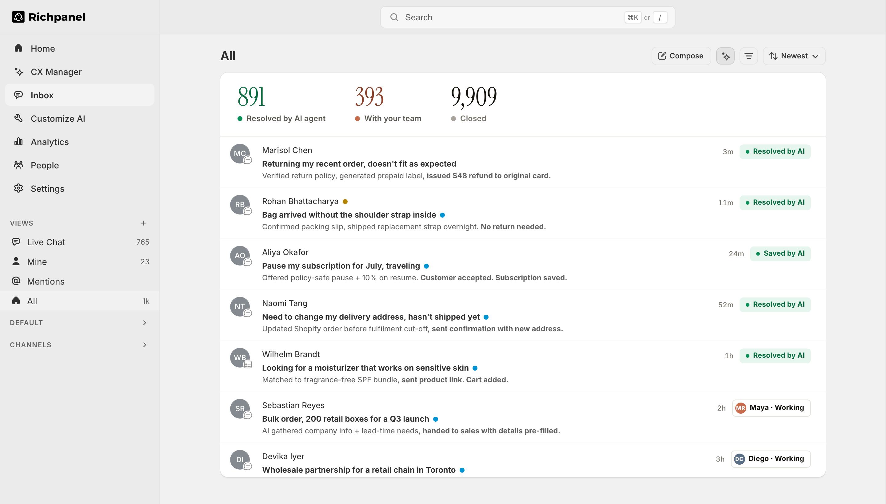 Richpanel shared inbox: an Instrument Serif headline reads 891 resolved by AI agent, 393 with your team, 9,909 closed. Below it, seven conversations from the live inbox. Five are tagged with a green Resolved by AI or Saved by AI badge on the right (return, replacement, subscription save, address change, product recommendation). Two are tagged with a human pill showing Maya and Diego working (bulk order, wholesale partnership)