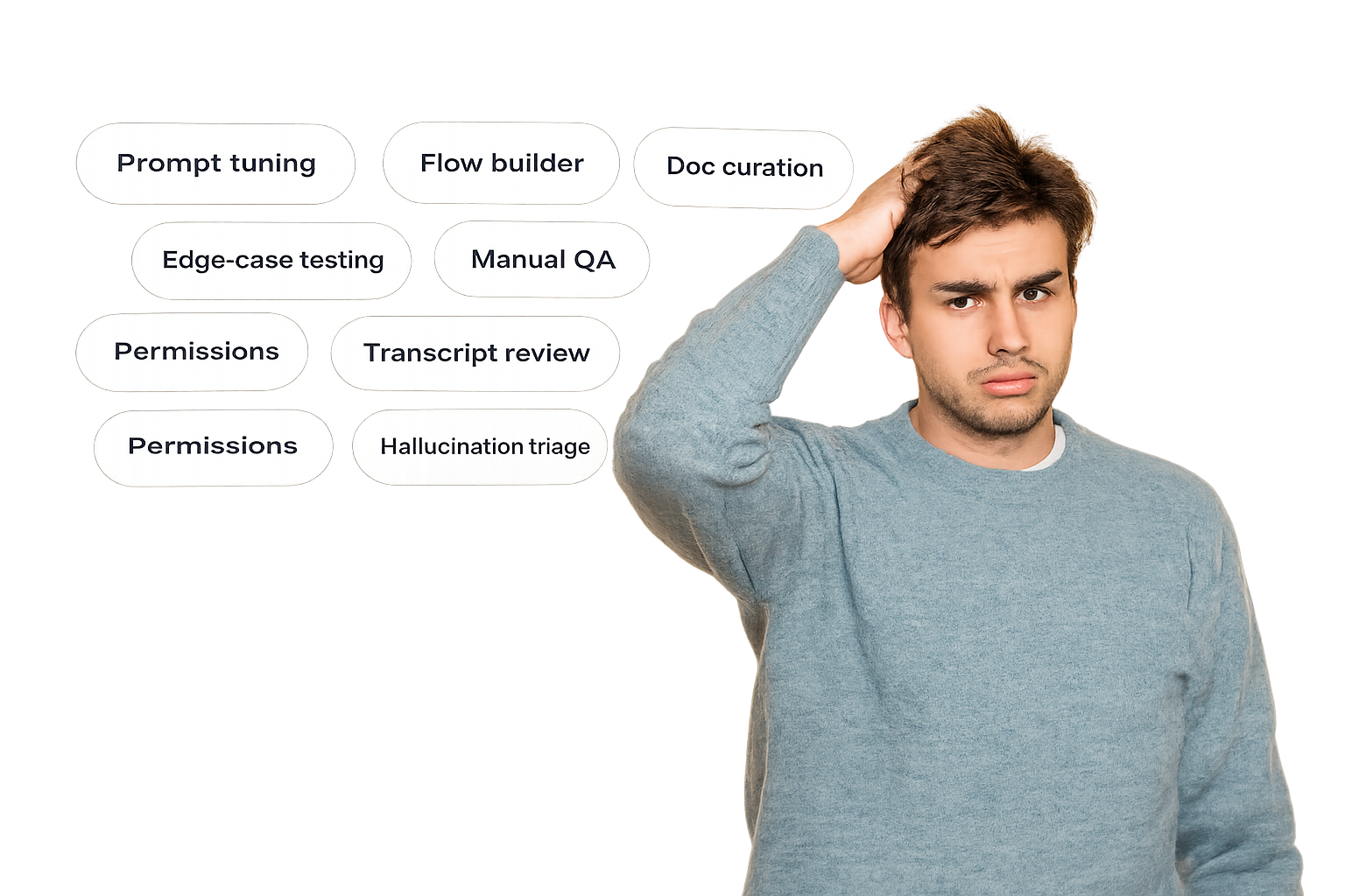 A customer service leader facing an AI operations backlog of prompt tuning, flow building, documentation, edge-case testing, manual QA, permissions, transcript review and hallucination triage.